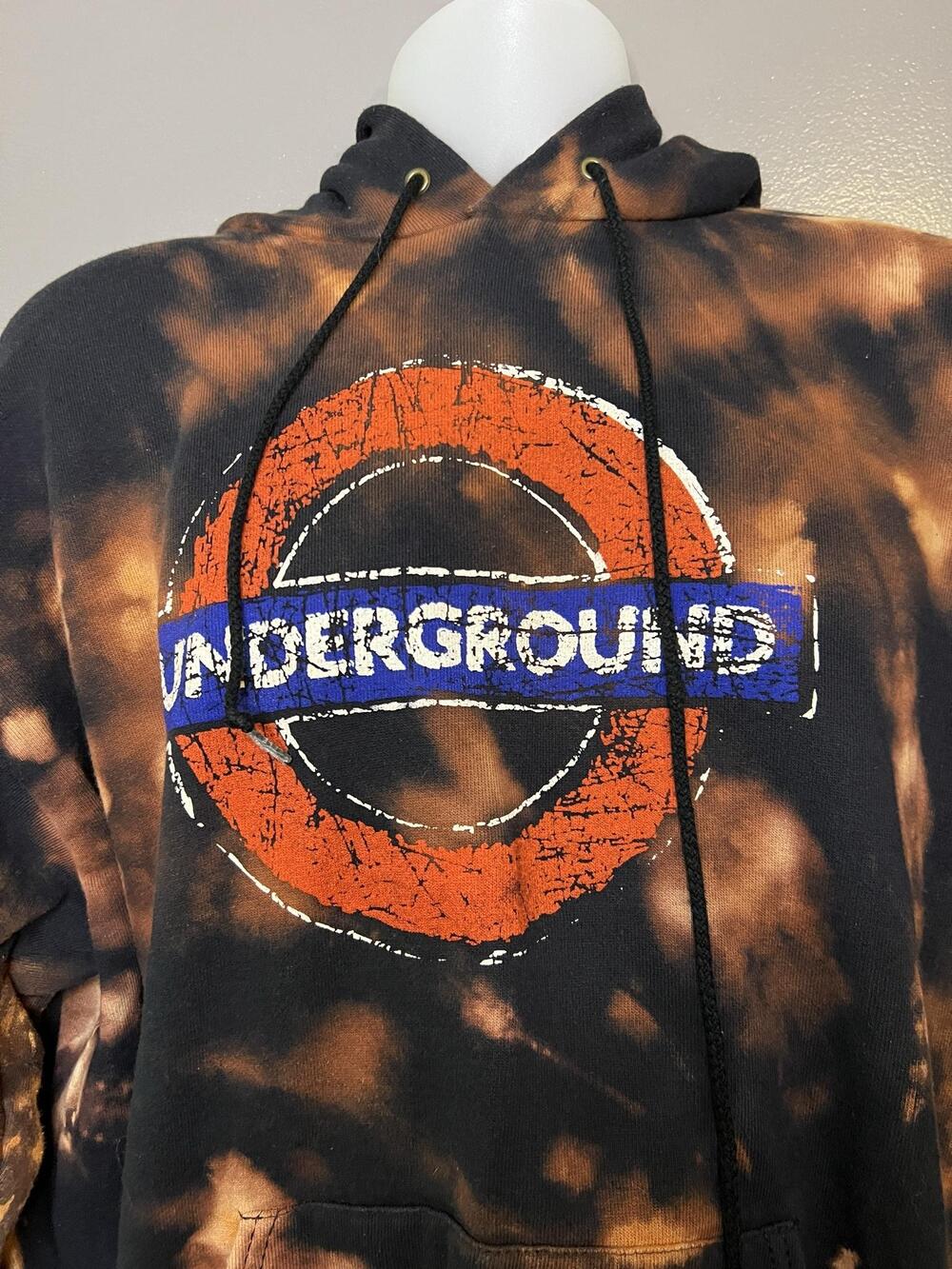 Underground Hoodie Mens Large Black Bleach Tie Dye London Logo Fleece Sweatshirt